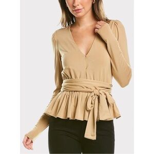 𝅺Rebecca Taylor V-Neck Modal Tie Waist Top Golden Rod Tan